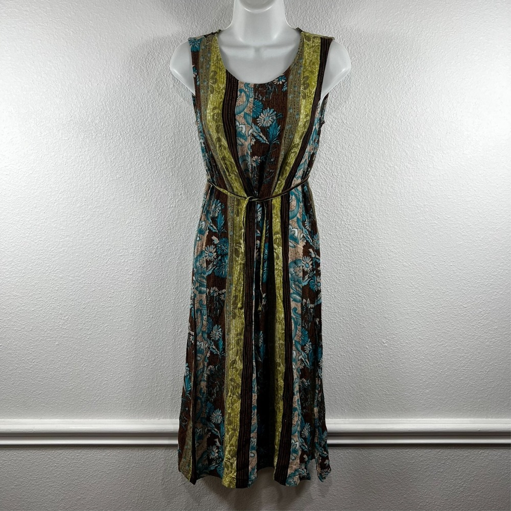 Sage Harbor Midi Dress‎ Floral Striped Crinkle Rayon Brown Green Womens PS